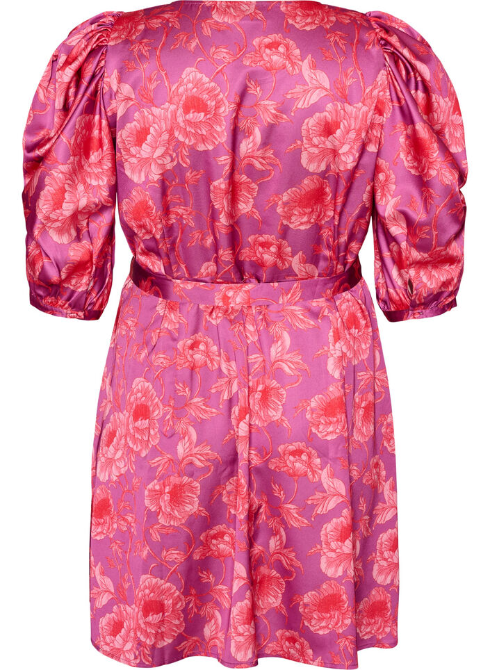 Blommig kl&auml;nning med puff&auml;rmar och knytsk&auml;rp, Rosa, Packshot image number 1