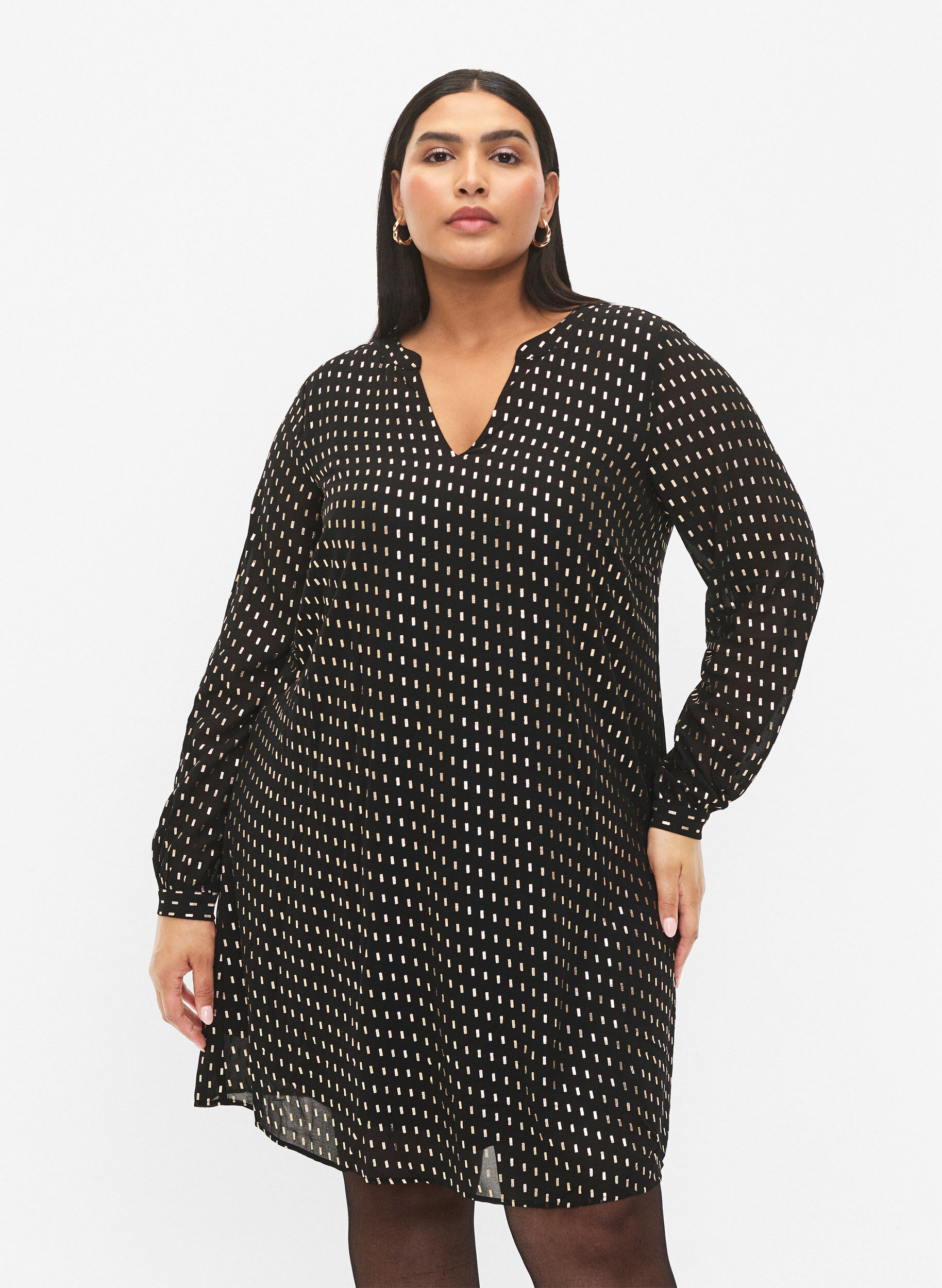 Zizzi L&aring;ng&auml;rmad kl&auml;nning med folietryck, Black w. Gold, Model image number 0