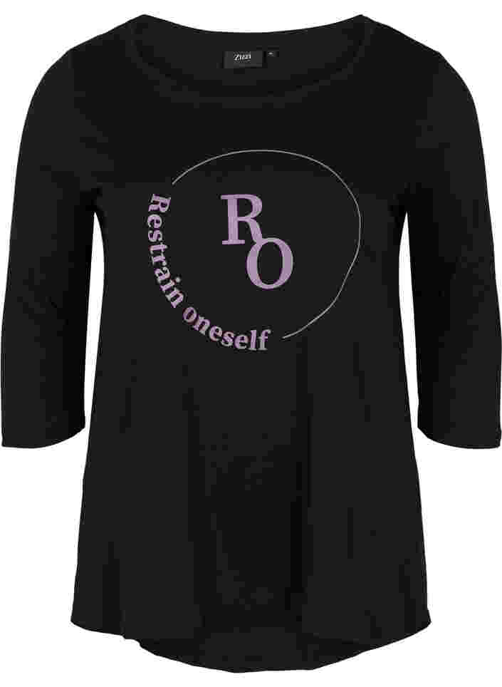 T-shirt i bomull med 3/4-ärmar, Black RO, Packshot image number 0