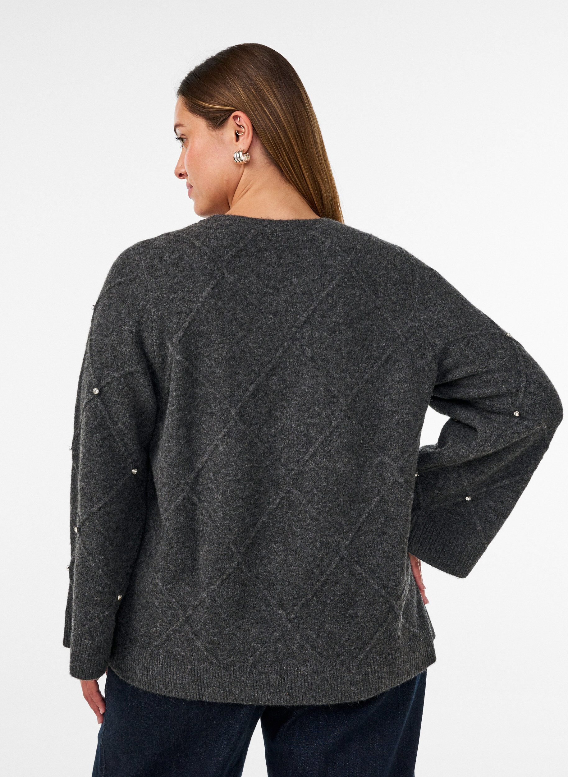 ZizziBlus i stickat med strass och diamantm&ouml;nster, Gr&aring;, Model image number 2