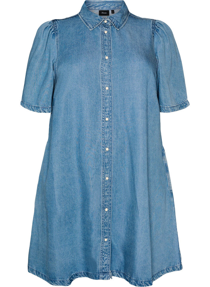 Jeanskl&auml;nning i lyocell med knappar och korta &auml;rmar, Bl&aring;, Packshot image number 0