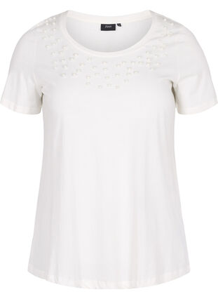 Bomulls-t-shirt med pärlor, Warm Off-white, Packshot image number 0
