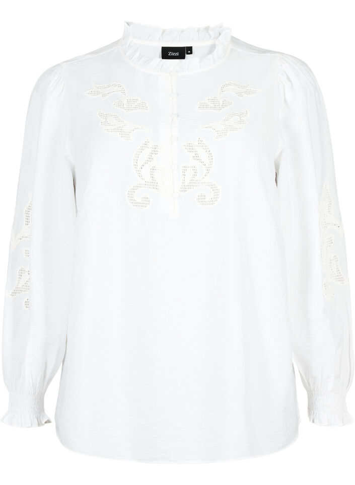 Blus med volanger och Broderie anglaise, Bright White, Packshot image number 0