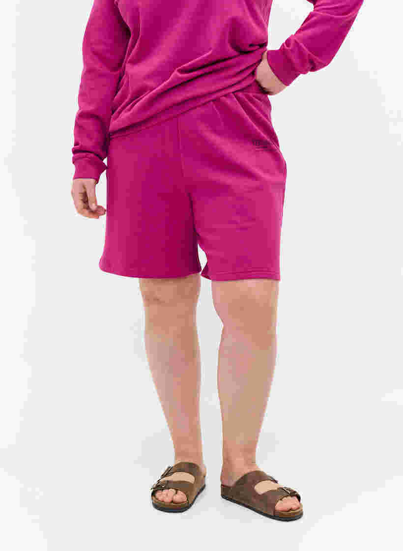 Shorts i sweatshirtmaterial med texttryck, Festival Fuchsia, Model image number 1
