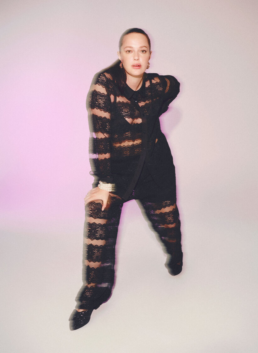 Lös skjorta med spets och transparent mesh, Black, Image image number 0