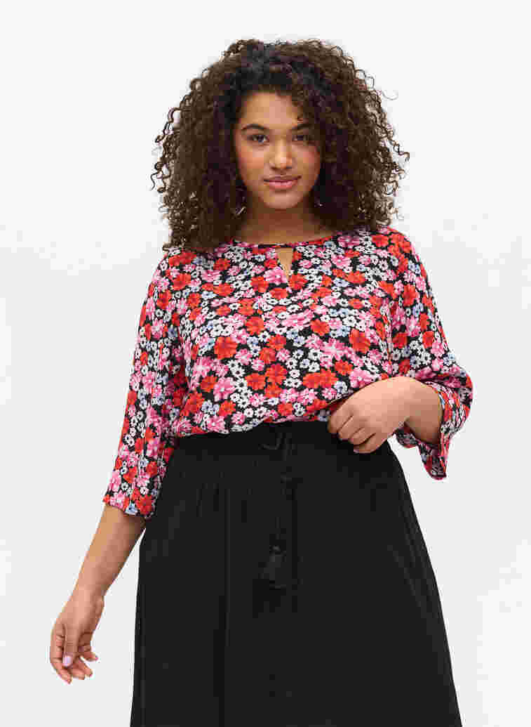 Floral blouse with 3/4 sleeves, Red Flower AOP, Model image number 0