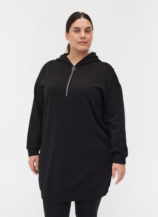 Sweatshirtklänning med huva och dragkedja, Black, Model image number 0