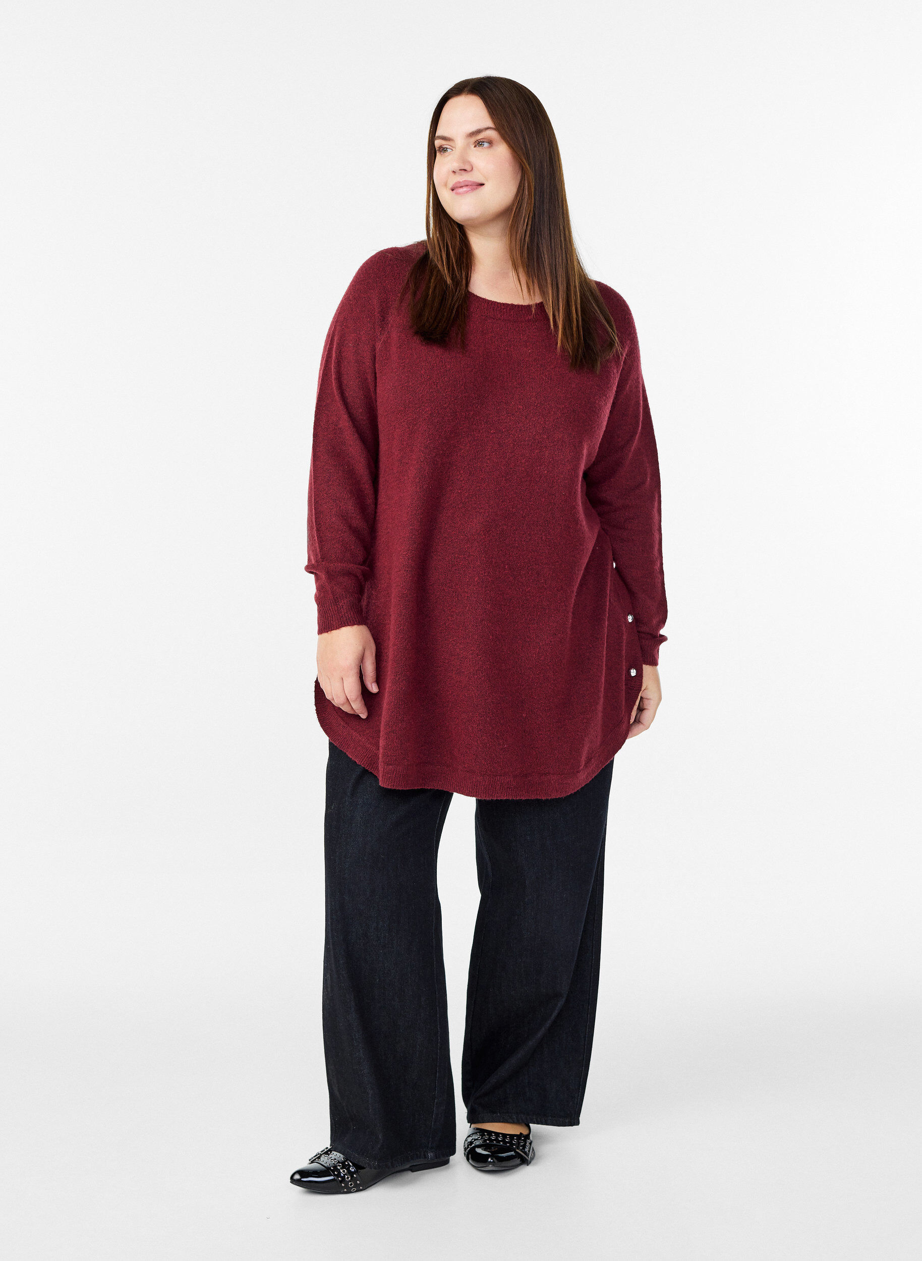 ZizziL&aring;ng stickad blus med kulknappar, M&ouml;rk Bordeaux, Model image number 1