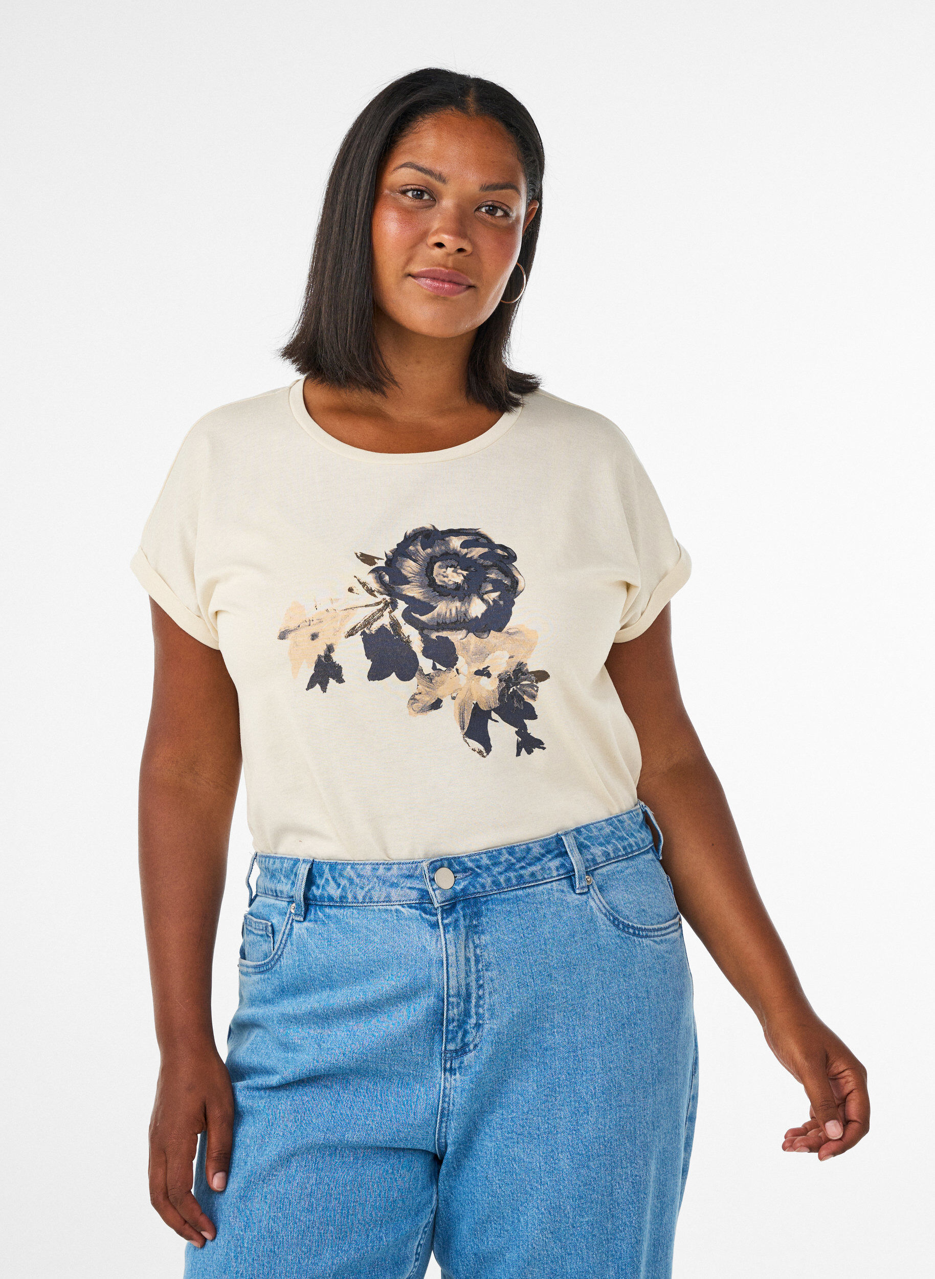 ZizziT-shirt med dekorativt tryck framtill, Vanilla, Model image number 0