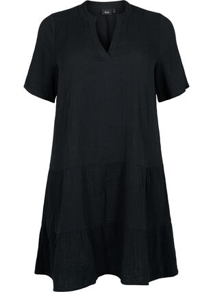 Kortärmad klänning i 100% bomull, Black, Packshot image number 0