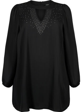 Långärmad tunika med strass, Black, Packshot image number 0