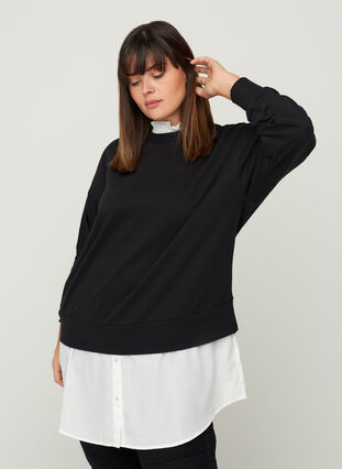Sweatshirt med fastsydd skjorta, Black, Model image number 0