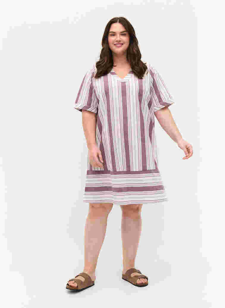 Randig bomullsklänning med korta ärmar, Vineyard Wine Stripe, Model image number 2