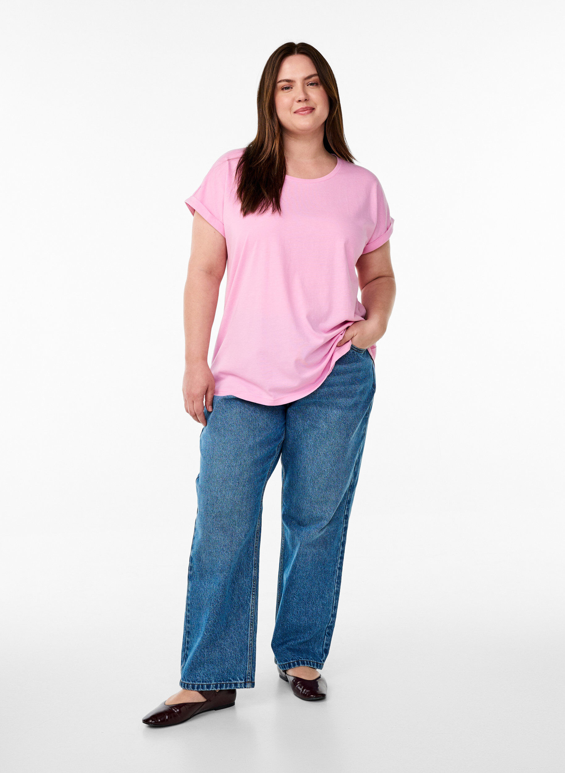 ZizziKort&auml;rmad t-shirt i bomullsmix, Rosa, Model image number 1