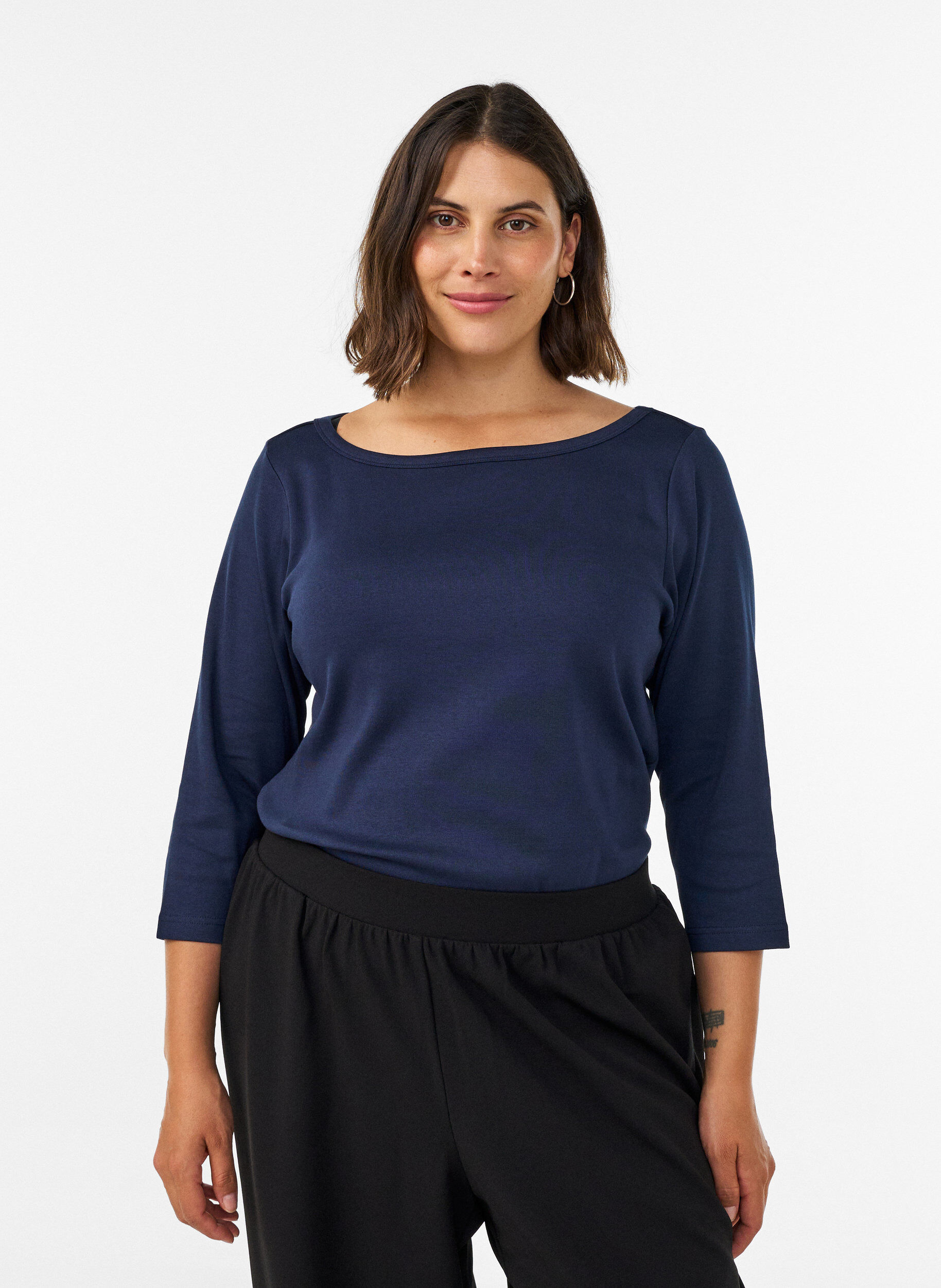 ZizziBas-T-shirt med b&aring;tringning och 3/4-&auml;rm, Bl&aring;, Model image number 0