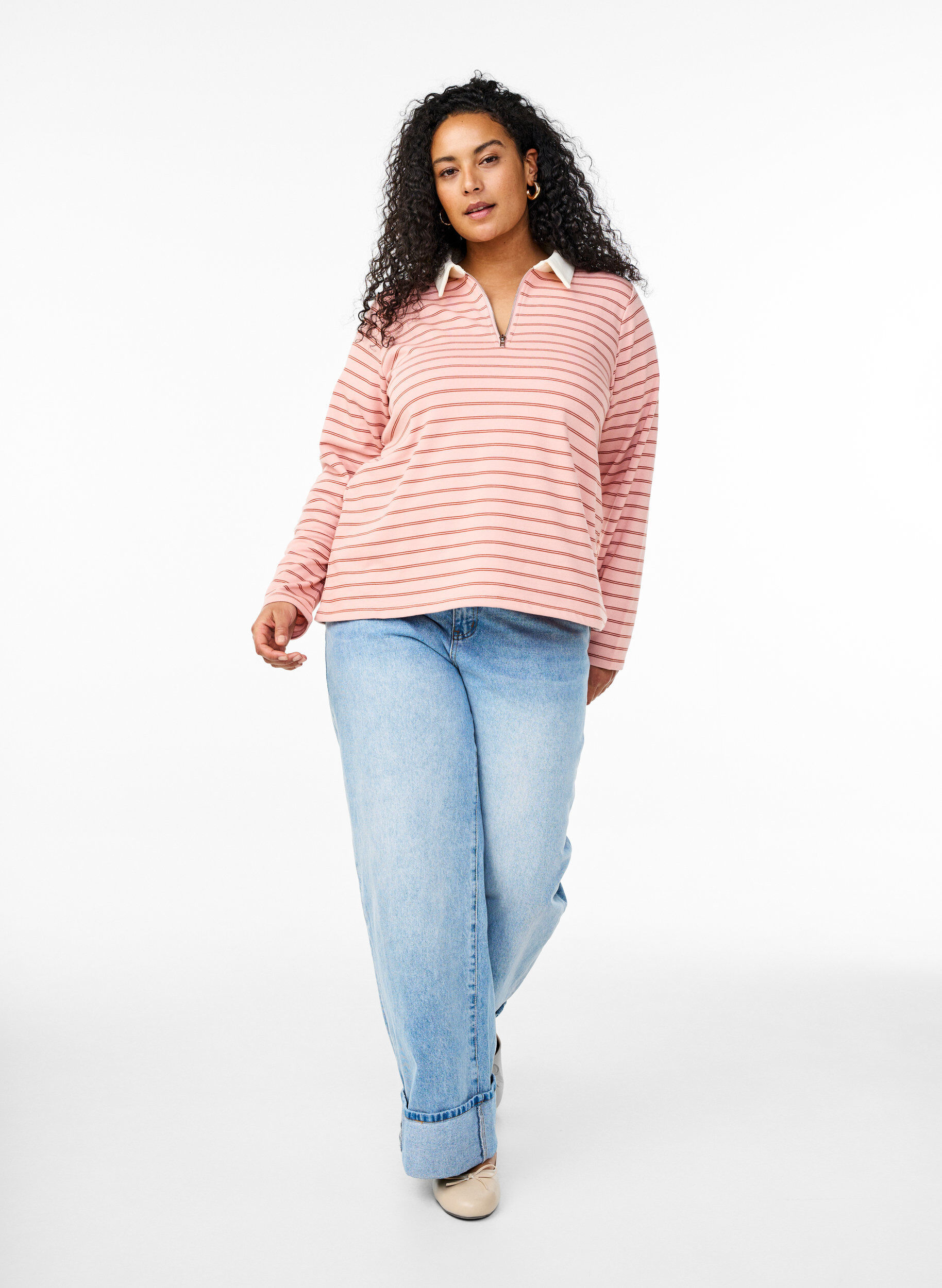 Zizzi Randig pik&eacute;tr&ouml;ja med dragkedja, Rosa, Model image number 1