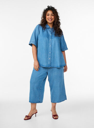 ZizziCulottebyxor i lyocell med vida ben och denimlook, Blå, Model image number 0