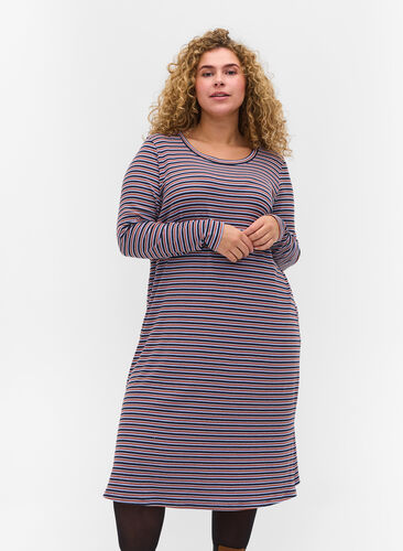 Randig klänning med slits, Mahogany/Navy Stripe, Model image number 0