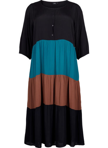 Viskosklänning med colourblock, Brown Green Block, Packshot image number 0