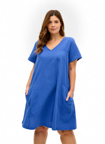 Kortärmad klänning i bomull, Dazzling Blue, Model image number 0