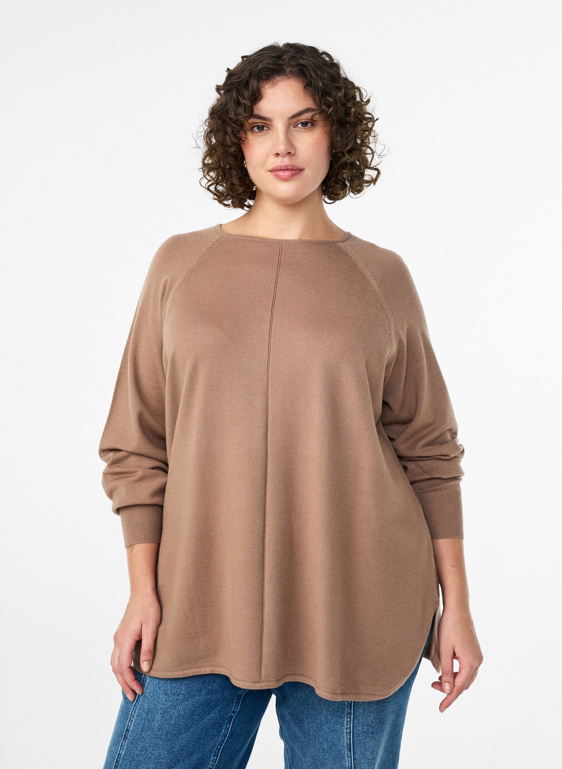 ZizziStickad blus med rund hals och stickat m&ouml;nster, Brun, Model image number 0