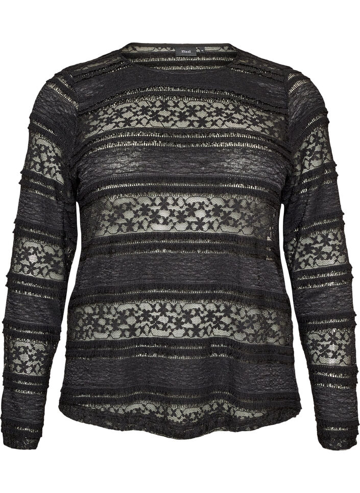Blus i spets med l&aring;nga &auml;rmar, Svart, Packshot image number 0