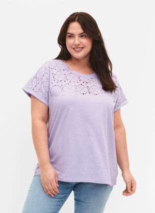Löst sittande t-shirt med broderi anglaise, Lavender, Model image number 0