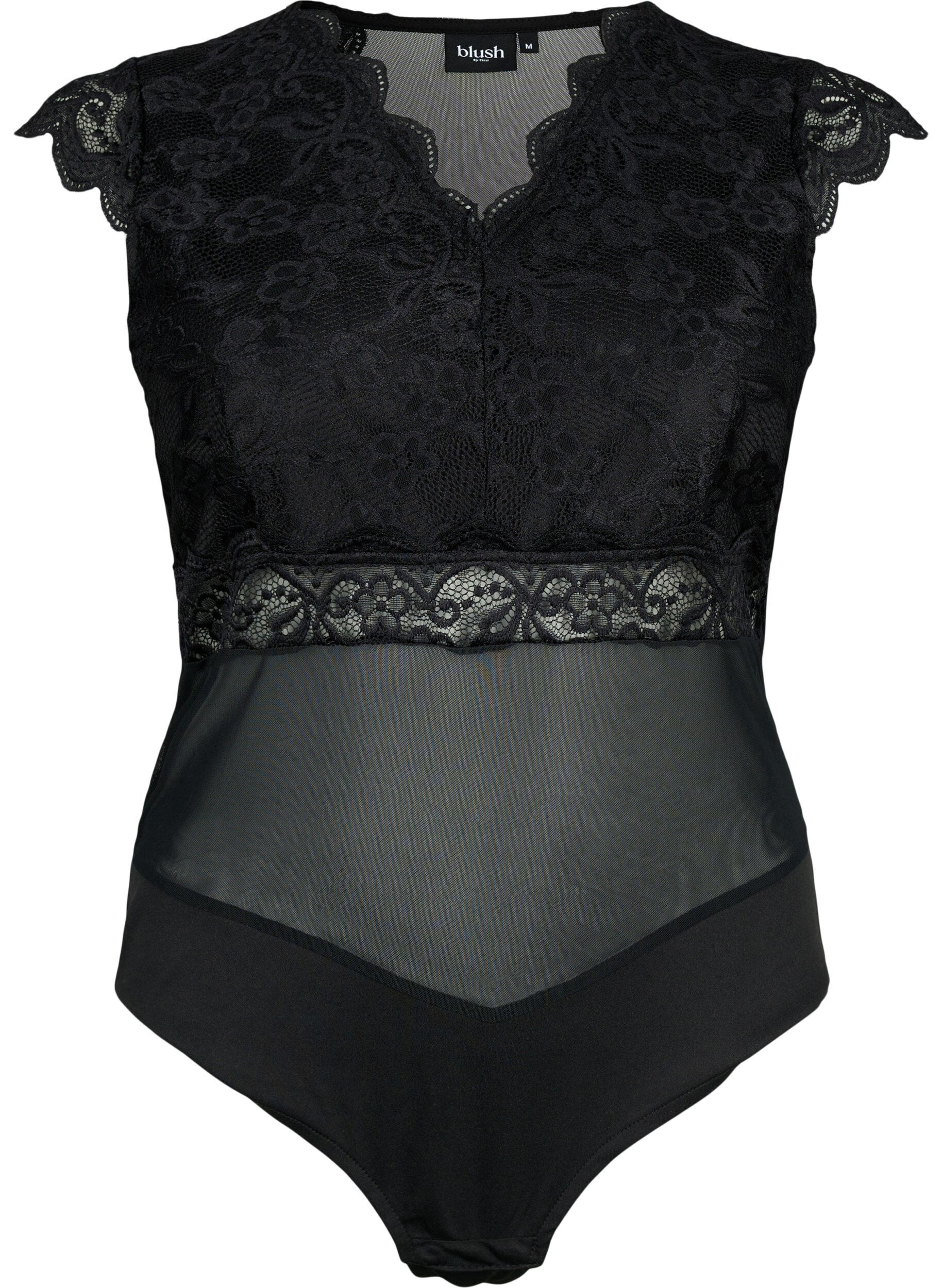 Zizzi Kroppsstrumpa med spets och v-ringning, Black, Packshot image number 0