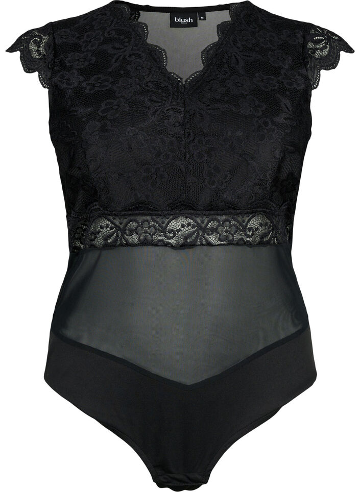 Kroppsstrumpa med spets och v-ringning, Black, Packshot image number 0