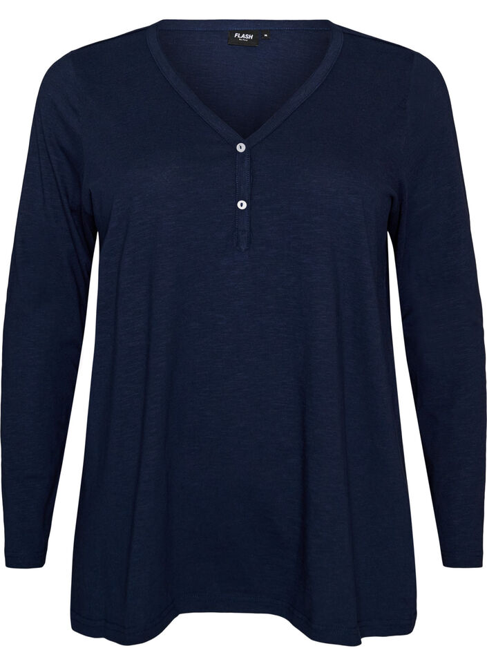 L&aring;ng&auml;rmad t-shirt med v-ringning och knappar, Bl&aring;, Packshot image number 0