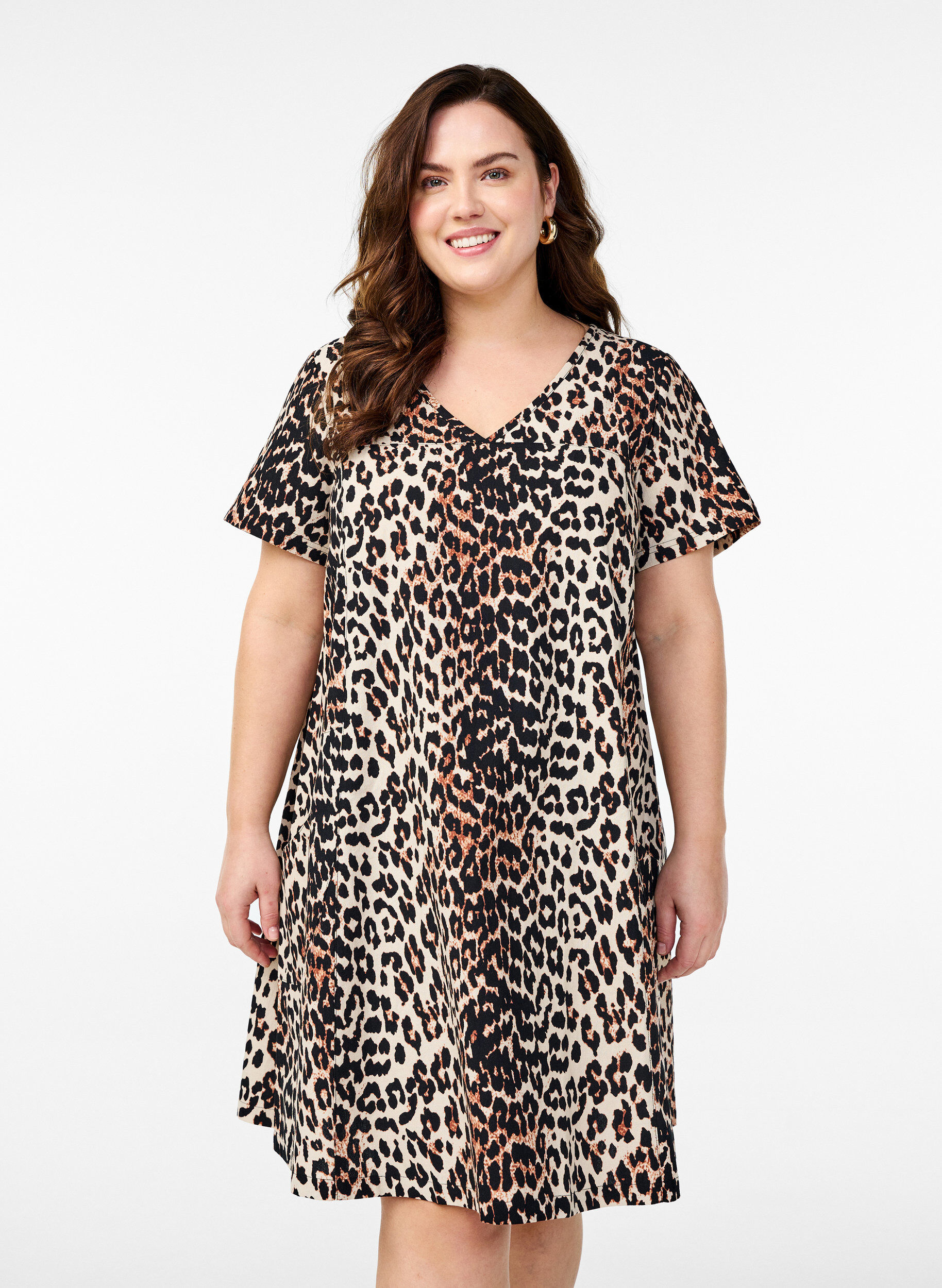 Zizzi Kort a-linjeformad kl&auml;nning med leopardm&ouml;nster, Brun, Model image number 0