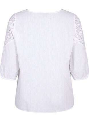 Blus i bomullsblandning med linne och virkade detaljer, Bright White, Packshot image number 1