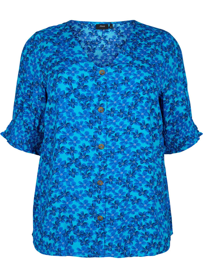 Blus i viskos med knappar, Blue Small Flower, Packshot image number 0