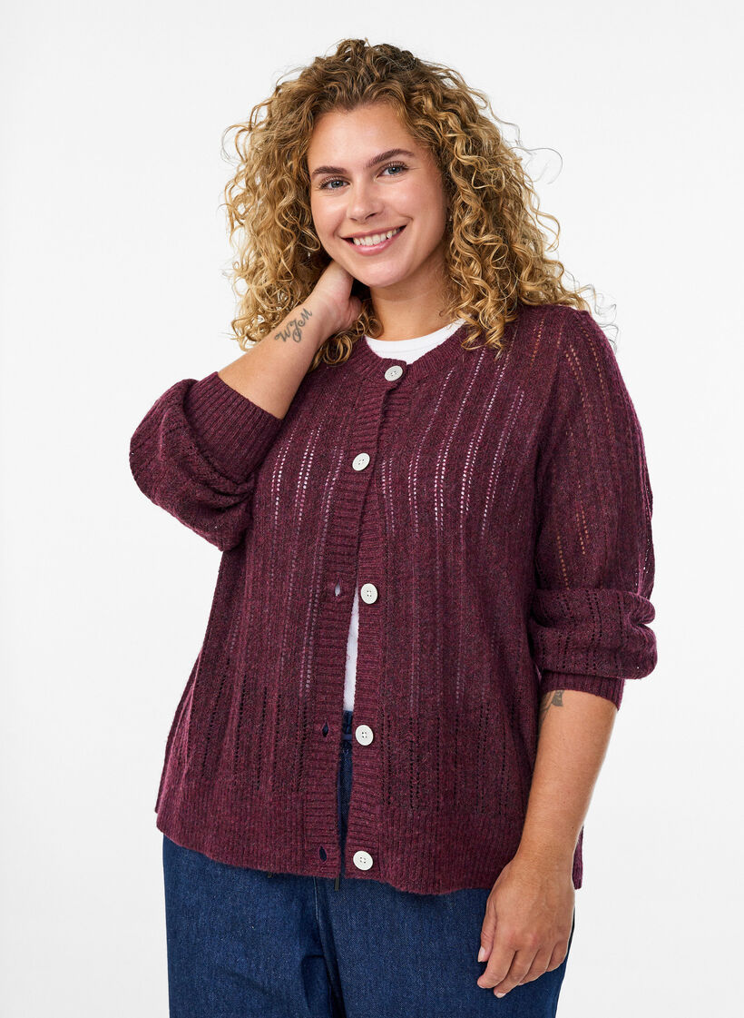 Stickad kofta med h&aring;lm&ouml;nster, M&ouml;rk Bordeaux, Model image number 0