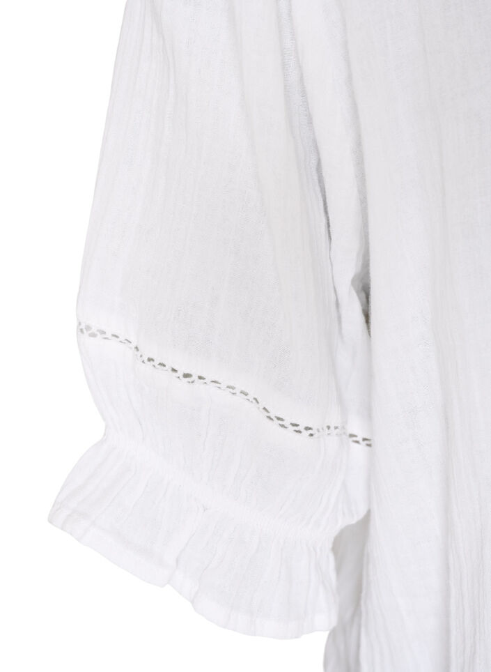 Kort&auml;rmad blus i bomullsmuslin med virkad kant, Vit, Packshot image number 3