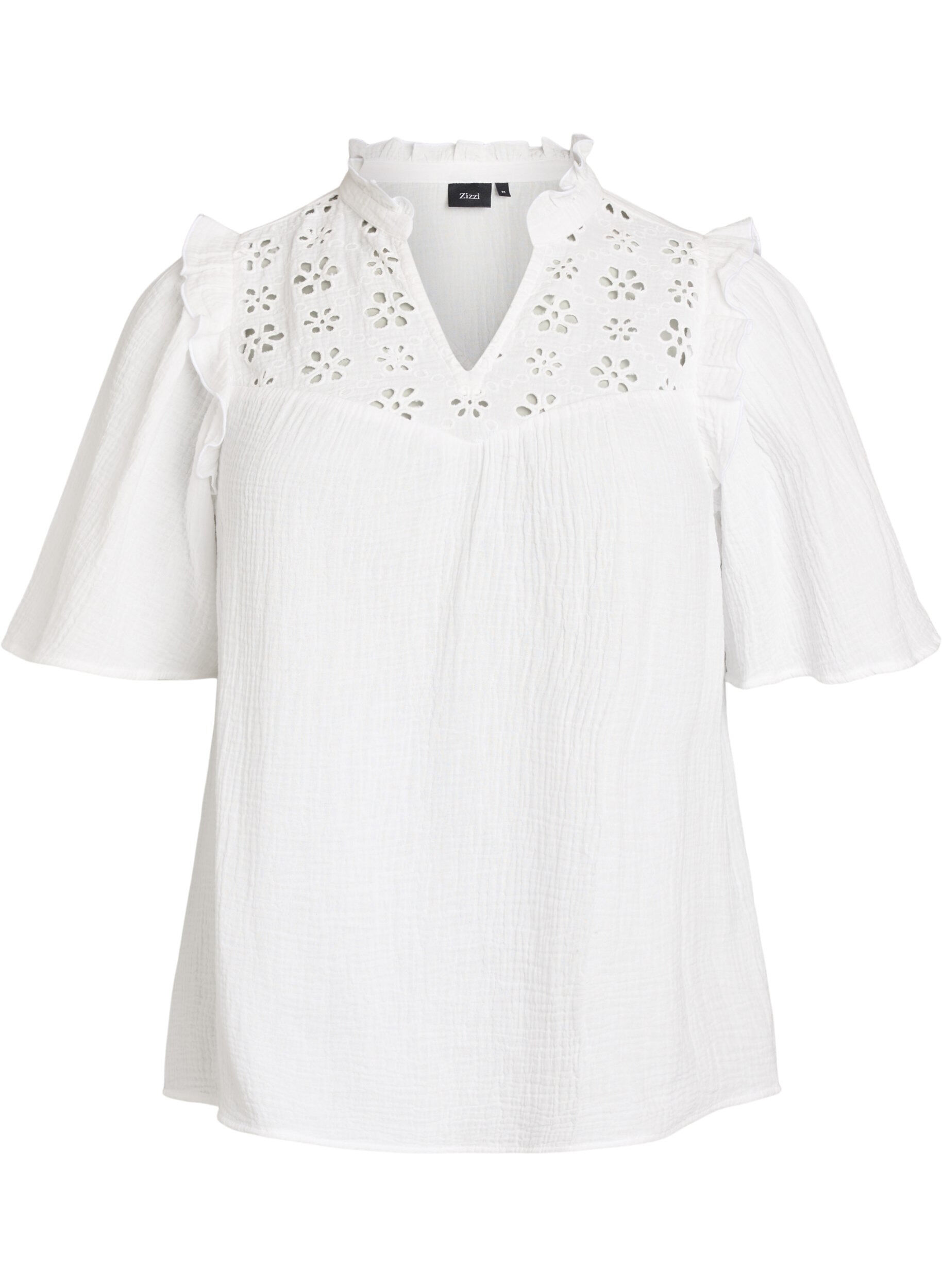 Blus i bomullsmuslin med broderie anglaise och 1/2-&auml;rm