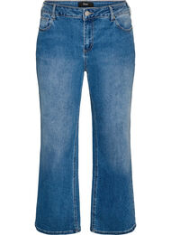 Raka jeans med en l&auml;tt sliten look, Bl&aring;