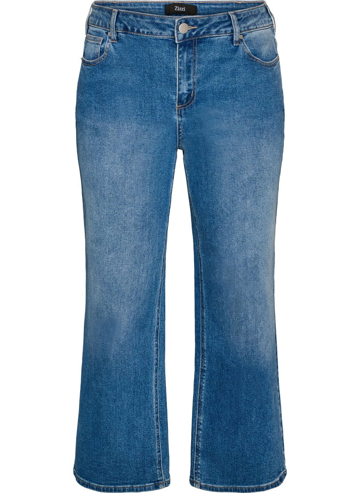 Raka jeans med en l&auml;tt sliten look, Bl&aring;, Packshot image number 0