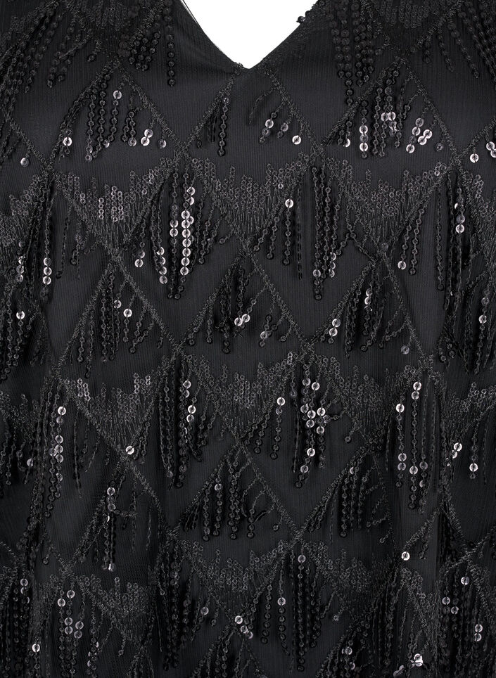 Festblus med paljettfranstagning och 3/4-ärmar, Black, Packshot image number 2