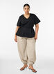 Blus i bomullsblandning med v-ringning och knytband, Svart, Model image number 1
