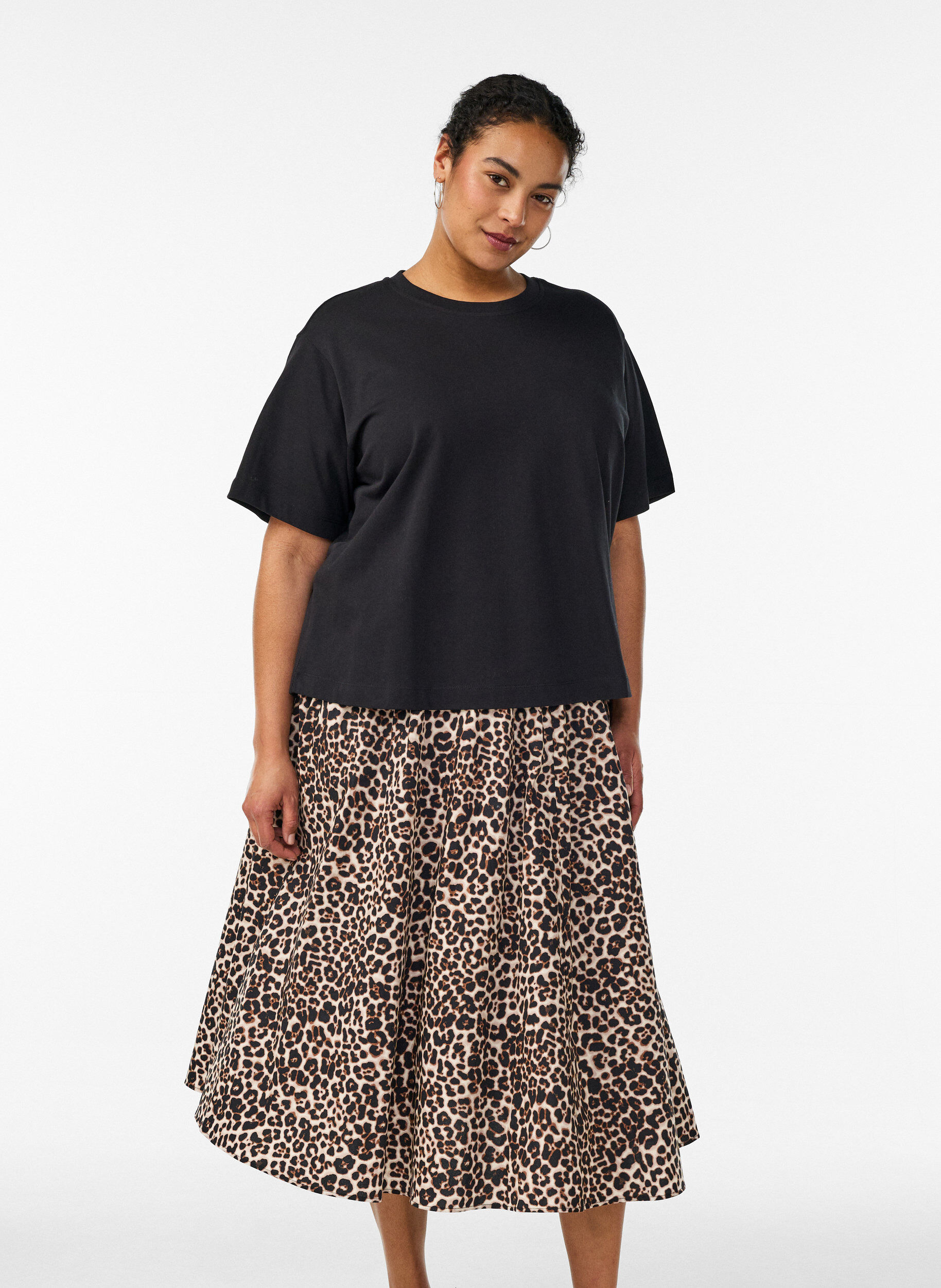 Zizzi A-linjeformad midikjol med leopardm&ouml;nster, Brun, Model image number 0