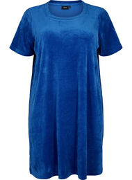 Kortärmad klänning i velour med rund halsringning	, Monaco Blue, Packshot