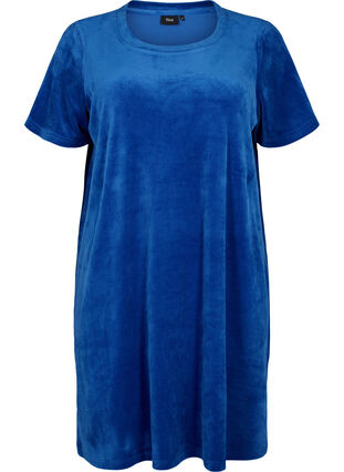 Kortärmad klänning i velour med rund halsringning	, Monaco Blue, Packshot image number 0