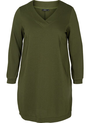 Sweatklänning med v-hals, Khaki Green , Packshot image number 0