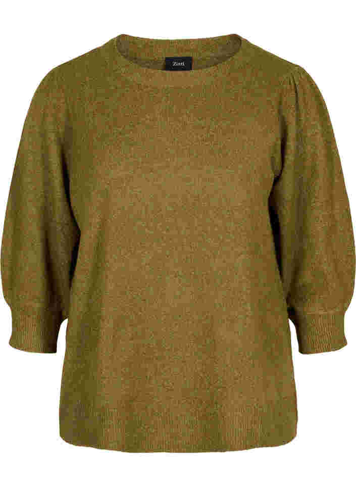 Melerad stickad tröja med 3/4-ärmar, Fir Green Mel.