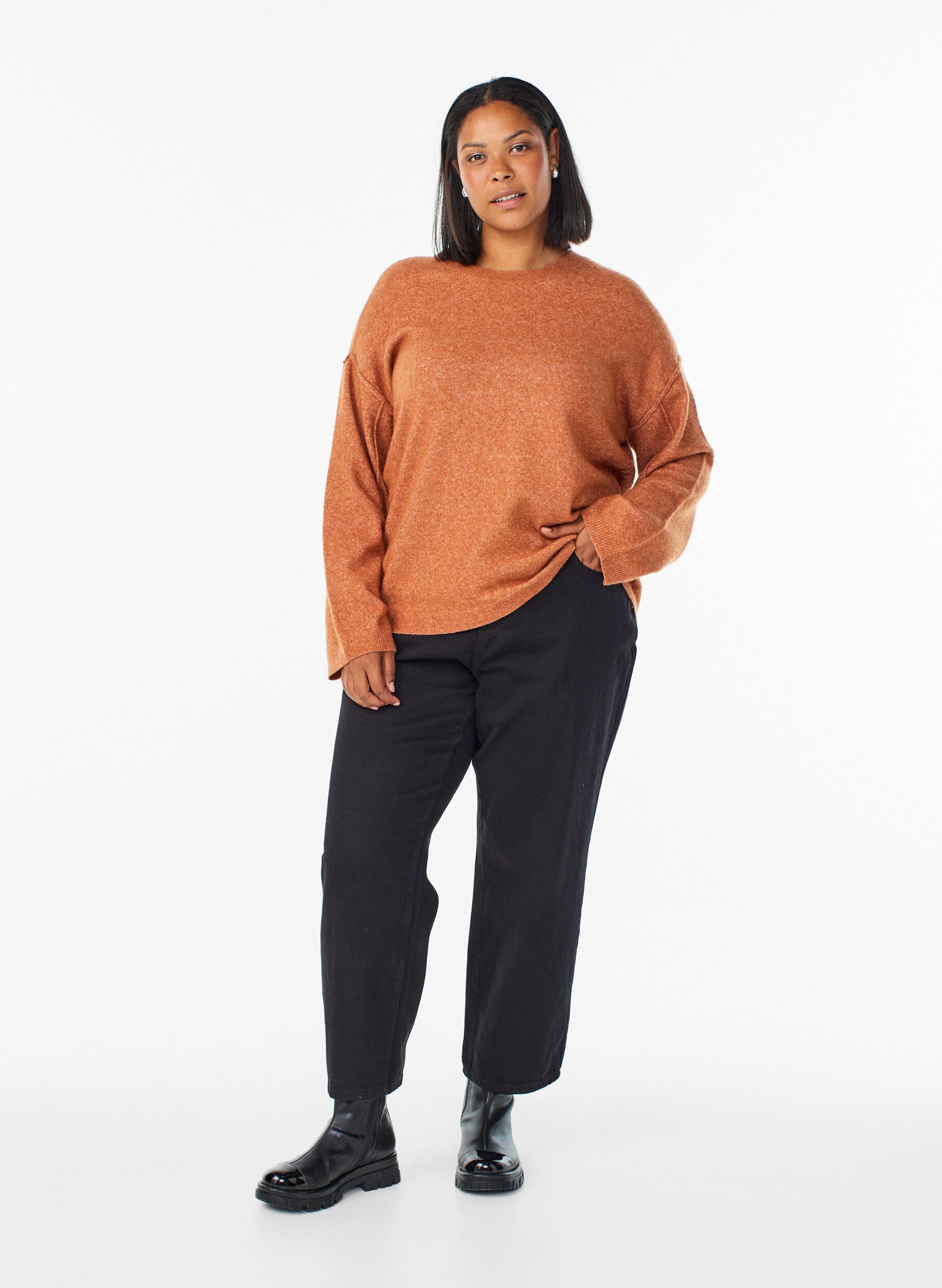 ZizziL&ouml;st stickad tr&ouml;ja med framtr&auml;dande s&ouml;mmar, Orange, Model image number 1