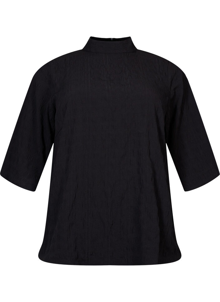 Blus med hög hals och 3/4-ärmar, Black, Packshot image number 0