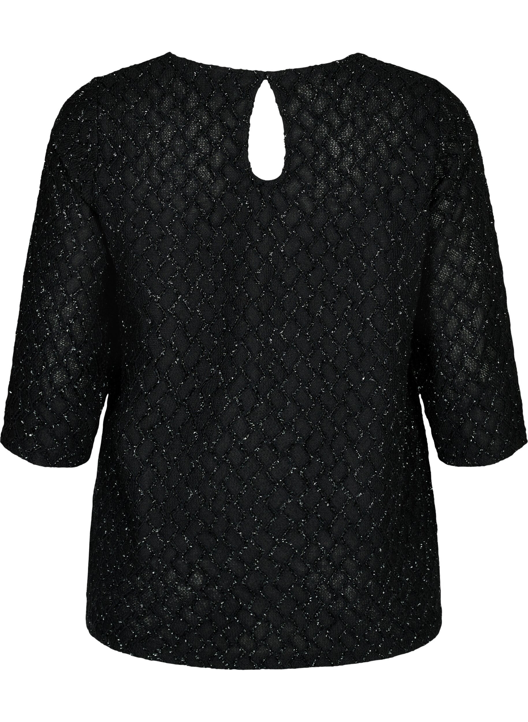 Zizzi M&ouml;nstrad blus med trekvarts&auml;rm och glitter, Black, Packshot image number 1