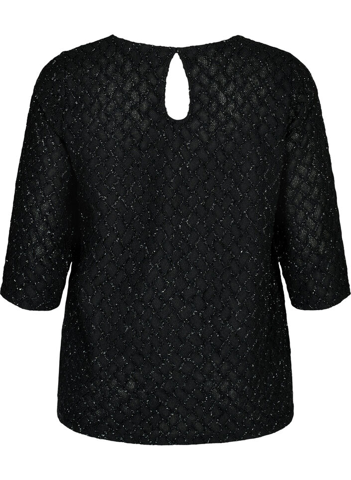 Mönstrad blus med trekvartsärm och glitter, Black, Packshot image number 1