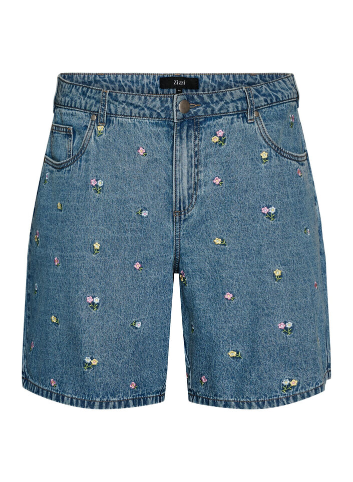 Jeansshorts med broderade blommor, Bl&aring;, Packshot image number 0